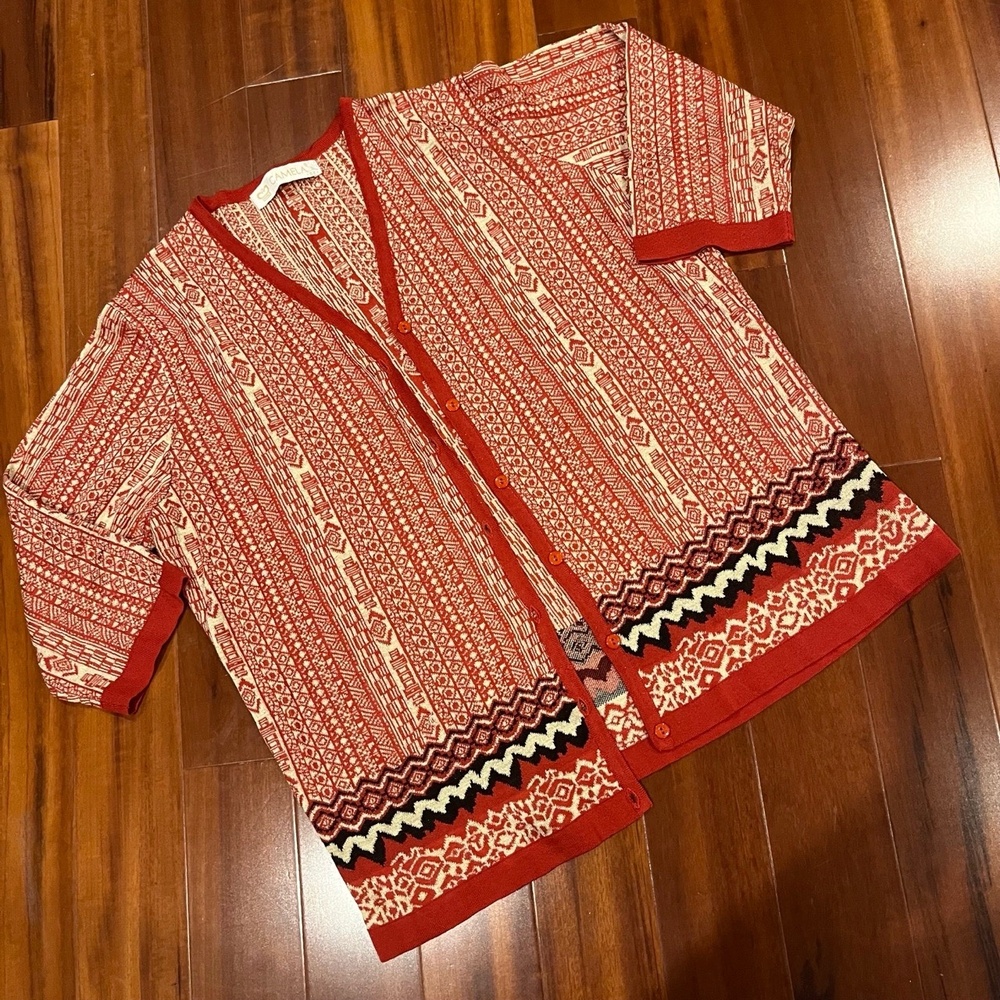 CAMELA Silk Cardigan Sweater Red‎ Shimmery Shiny Pattern Half Sleeve Sz 42 Large